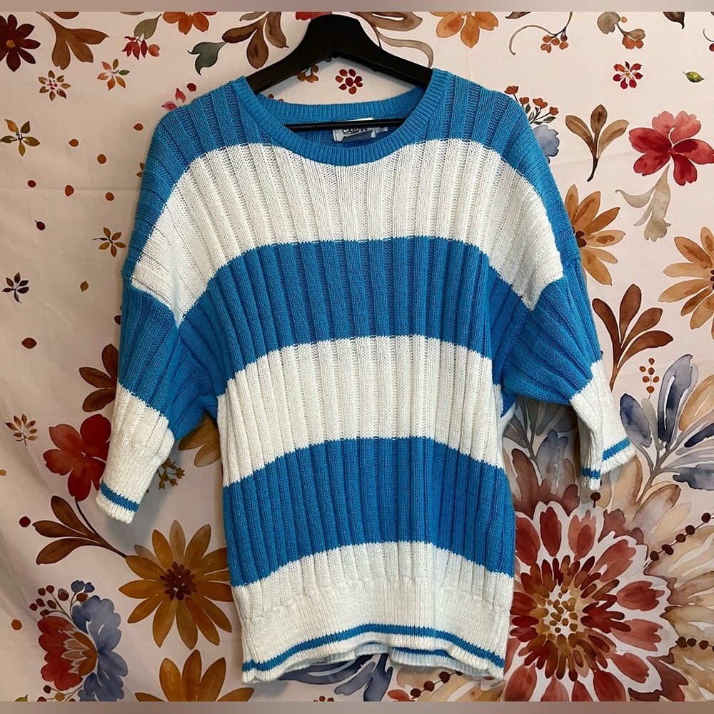 Vintage Calvin Womens M Thick Blue White Nautical Striped Dolman Preppy Sweater